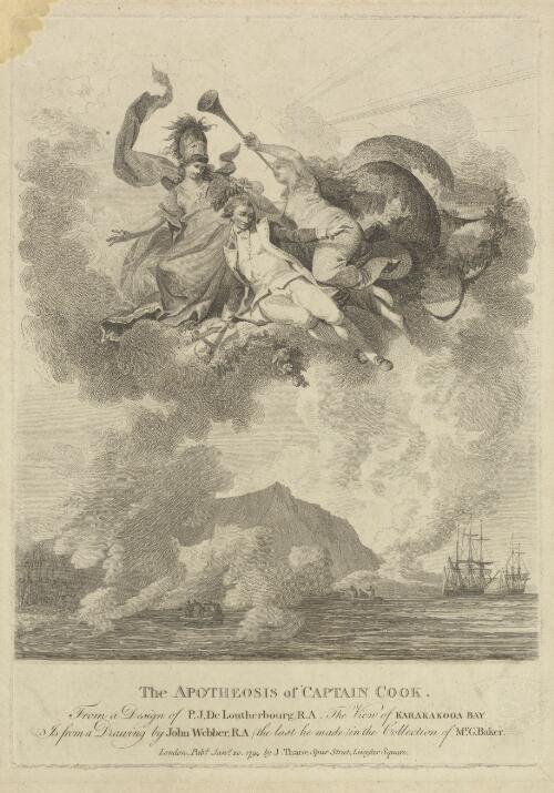 The apotheosis of Captain Cook [picture] / from a design of P.J. de Loutherbourg, the view of Karakakooa Bay is from a drawing by John Webber (the last he made) in the collection of Mr G. Baker