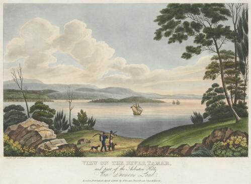 View on the River Tamar and part of the Asbeston Hills, Van Diemens Land [picture] / I. Lycett, Delt et. Execut