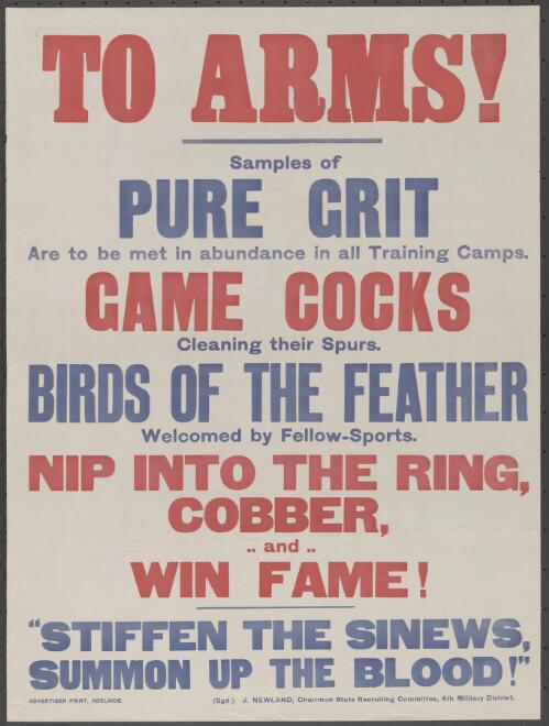 To arms! [picture] : samples of pure grit  are to be met in abundance ... / South Australia State Recruiting Committee