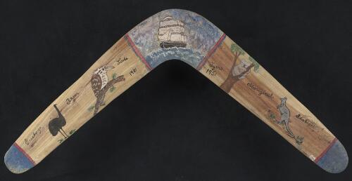 [Boomerang decorated with paintings of an emu, kookaburra, sailing ship, koala and a kangaroo] [realia]