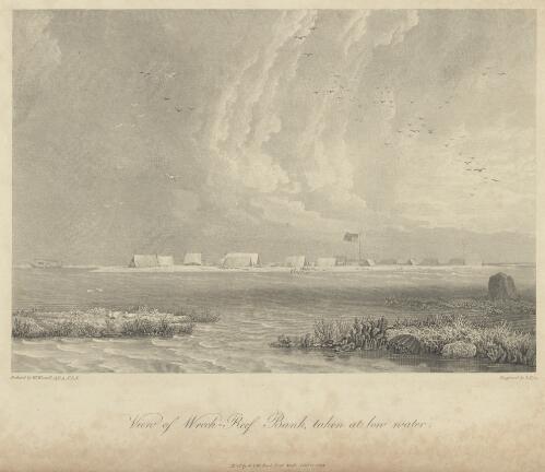 View of Wreck-Reef Bank, taken at low water [picture] / painted by W. Westall; engraved by I. Pye
