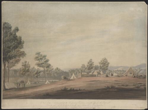 A view of the country and of the temporary erections near the site for the proposed town of Adelaide in South Australia [picture] / drawn by Col. Wm. Light; engraved by Robt. Havell