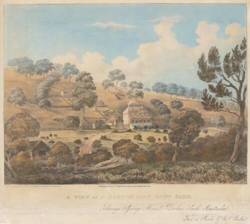 A view of J. Barton Hack esqrs. farm, Echiunga [i.e. Echunga] Springs, Mount Barker, South Australia, from a sketch by Col. Gawler [picture] / drawn on stone and printed by J. Hitchen