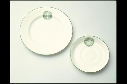 [Saucer and plate belonging to Mrs. Pankhurst, presented to Bessie Rischbieth by the Suffragette Fellowship London] [realia] / [manufactured by] Williamsons, Longton, Eng