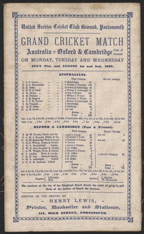 [Cricket programme: United Service Cricket Club Ground, Portsmouth Grand Cricket Match, Australia v Oxford & Cambridge, 1893] [realia]