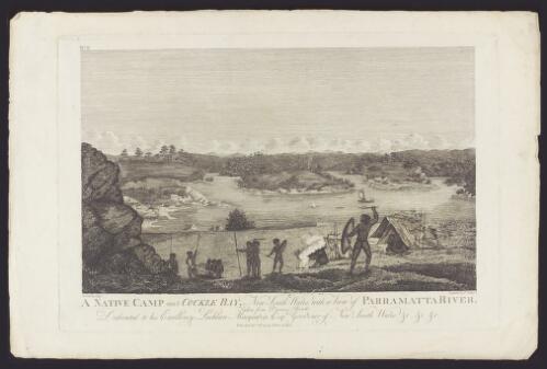 A native camp near Cockle Bay, New South Wales with a view of Parramatta River, taken from Dawes's Point [picture] / drawn by J. Eyre; engraved by P. Slaeger [sic]