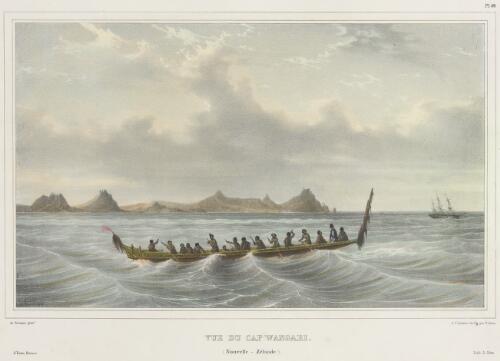 Vue du Cap Wangari, Nouvelle Zelande [picture]/ de Sainson pinxt.; A. St. Aulaire lith.; fig. par V. Adam