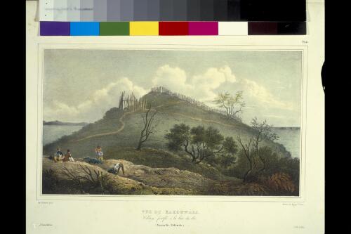 Vue de Kahouwera, village fortifie a la Baie des Iles [picture] / de Sainson pinx.; Milbert lith.; fig. par V. Adam