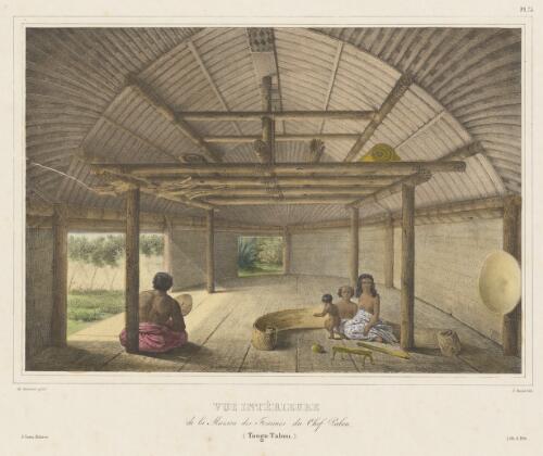 Vue interieure de la maison des femmes du chef Palou, Tonga-Tabou [picture] / de Sainson pinxt.; J. David lith
