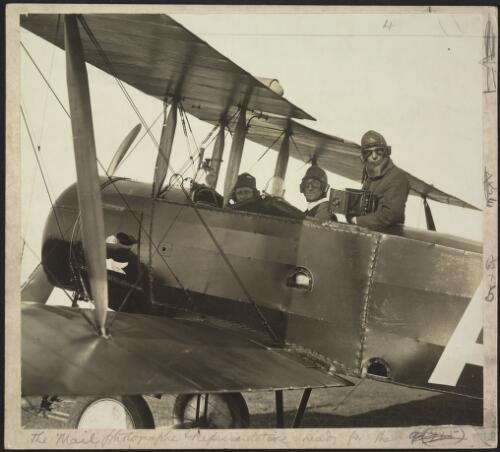 [Herbert H. Fishwick, centre and unidentified man in the cockpit of a Sopwith airplane, with Raymond Parer standing on the wing] [picture]