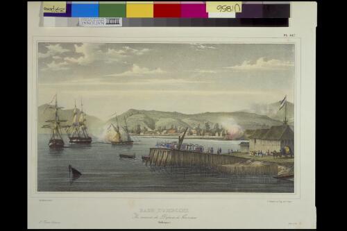 Rade d'Amboine au moment du départ du Gouverneur, Moluques [picture] / de Sainson pinxt.; St. Aulaire lith.; fig. par V. Adam