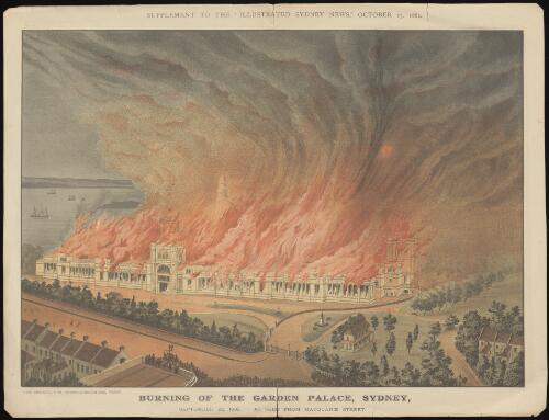 Burning of the Garden Palace, Sydney, September 22, 1882, as seen from Macquarie Street [picture] / Gibbs, Shallard & Co. chromo-lithographers