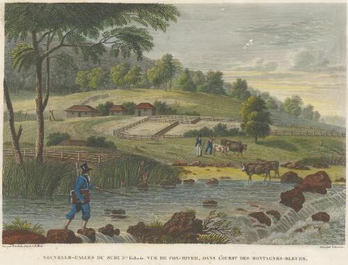 Nouvelle-Galles du Sud, Nlle. Hollande, vue de Cox-River, dans l'ouest des Montagnes-Bleues [picture] / dess. par Marchais d'apres A. Pellion; grave par Schroeder