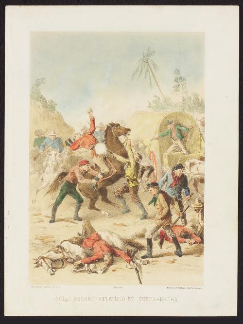Gold escort attacked by bushrangers [picture] / McGready, Thomson & Niven; McFarlane & Erskine lithogrs