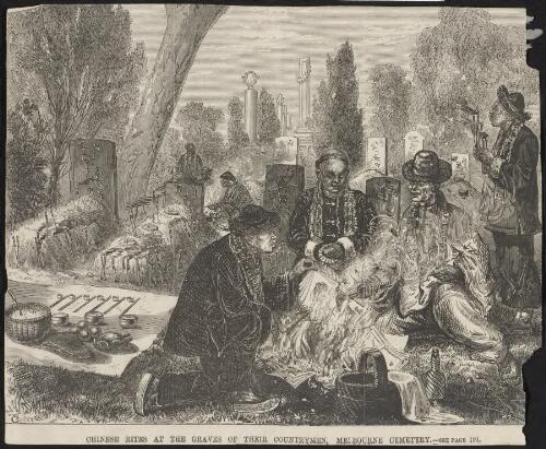 Chinese rites at the graves of their countrymen, Melbourne Cemetery [picture] / T.C