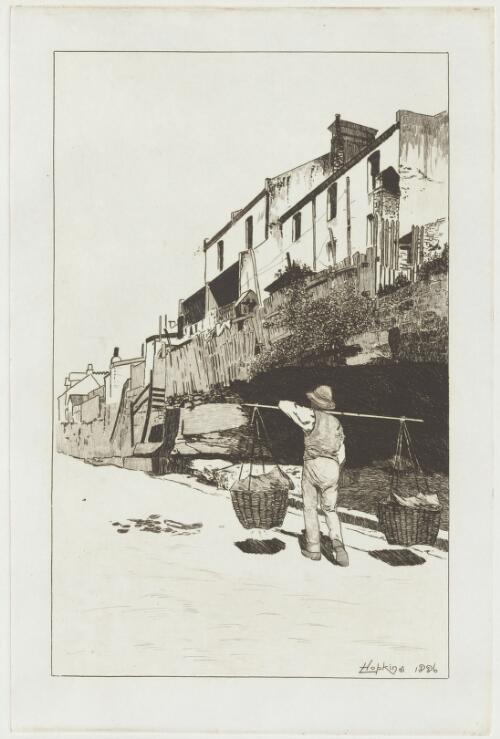 Man with a shoulder pole carrying baskets, the Rocks, Sydney, 1886 [picture] / Hopkins