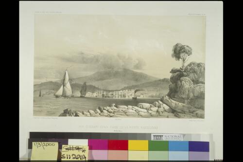 Vue d'Hobart-Town, Ile Van Diemen, prise de la Pointe Kangarou [picture] / dessine par L. Le Breton; lithe. par P. Blanchard