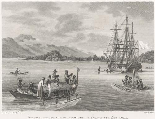 Iles des Papous, vue du mouillage de l'Uranie sur l'ile Rawak [picture] / dessine par Garneray d'apres A. Pellion, grave par Niquet