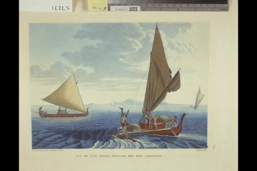Vue de l'ile Tinian, pirogues des iles Carolines [picture] / dess. par Garneray d'apres A. Berard et A. Taunay; grave Coutant