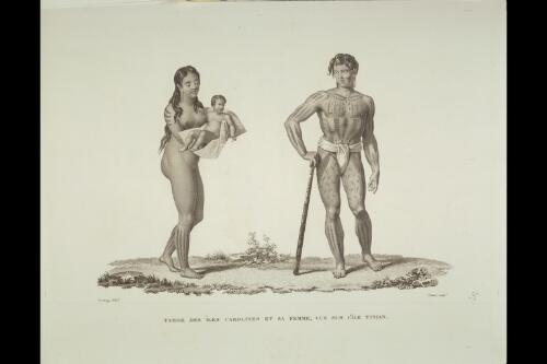 Tamor des iles Carolines et sa femme, vus sur l'ile Tiniam [picture] / Js. Arago delint.; Pioline sculpt