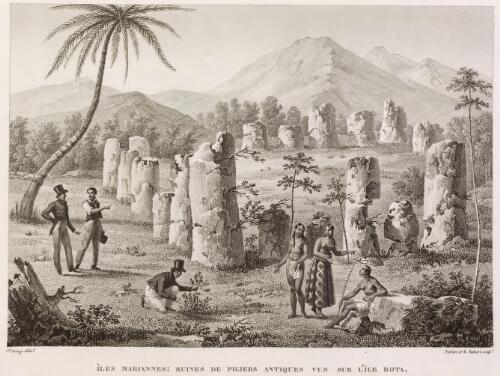 Iles Mariannes, ruines de piliers antiques vus sur l'ile Rota [picture] / Js. Arago delint.; Fortier et E. Aubert sculpt