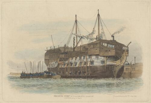 Prison-ship in Portsmouth Harbour, convicts going aboard [picture] / drawn & etched by Edw. Wm. Cooke, 1828