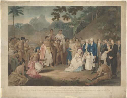 The cession of the district of Matavai in the island of Otaheite to Captain James Wilson for the use of the missionaries [picture] / painted by R. Smirke; engraved by F. Bartolozzi