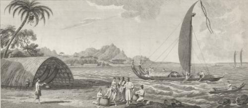 [A view in the island of Ulietea with a double canoe and a boathouse] [picture] / [E. Rooker sculp.]