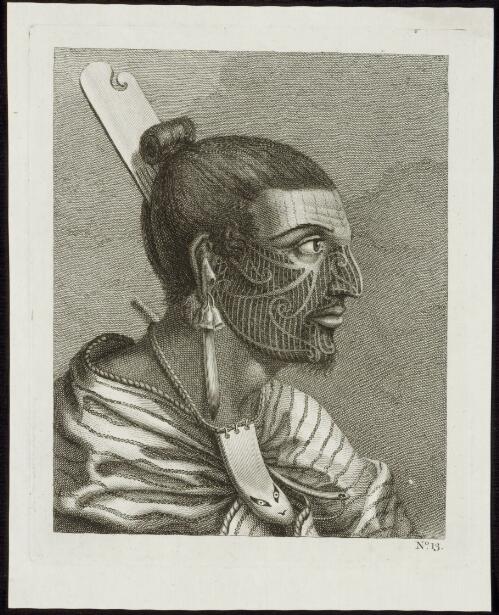 [The head of a New Zealander with a comb in his hair, an ornament of green stone in his ear, and another of a fish's tooth round his neck] [picture]