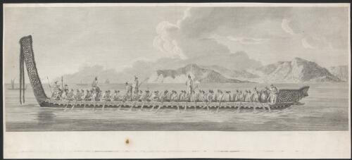 [A war canoe of New Zealand with a view of Gable End Foreland] [picture]