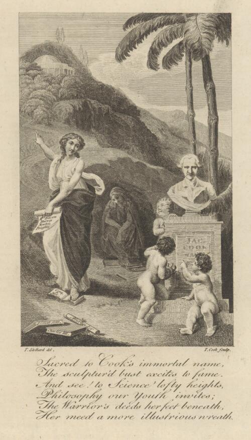 [Philosophy inviting Youth to the heights of science, allegorical representation with bust of Cook] [picture] / T. Stothard del.; T. Cook sculp