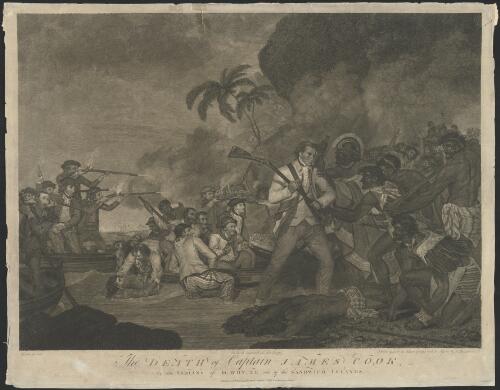 The death of Captain James Cook by the Indians of Owhyhee, one of the Sandwich Islands [picture] / G. Carter pinxit; S. Smith engraved the landscape; J. Hall engraved the portrait of Capt. Cook; the figures by I. Thornthwaite