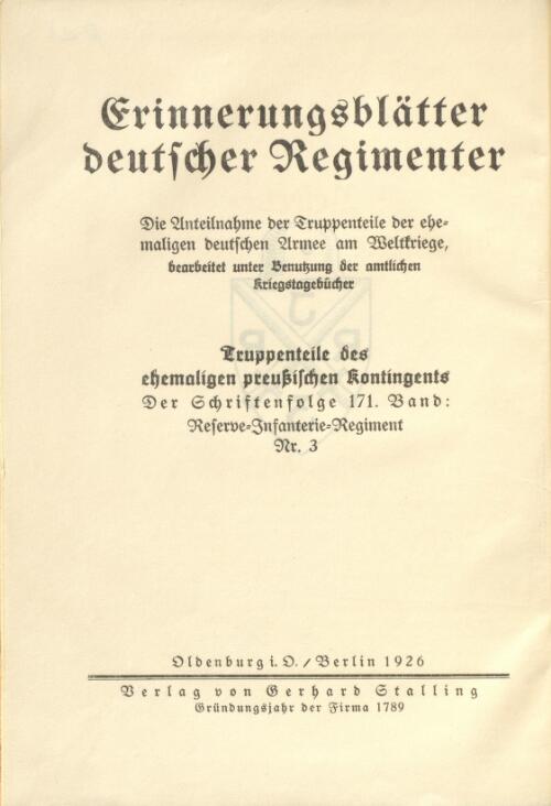 Reserve-Infanterie Regiment Nr. 3 / herausgegeben vom verein der Offiziere des ehem. Preuss. Res.-Inf.-Regts. 3
