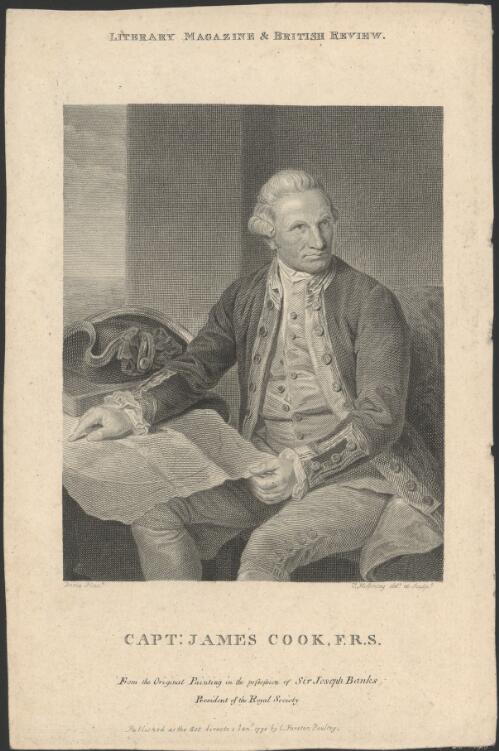 Capt. James Cook, F.R.S., from the original painting in the possession of Sir Joseph Banks, President of the Royal Society [picture] / Dance pinxt.; T. Holloway delt. et sculpt