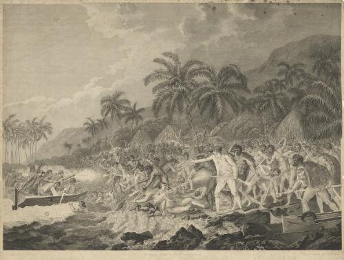 The death of Captain Cook [picture] / drawn by Jno. Webber; the figures etched by Frao. Bartolozzi; the landscape by Will Byrne