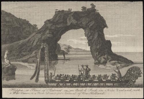 Hippa or place of retreat on an arch'd rock in New Zealand with a war canoe, & a nondescript animal of New Holland [picture]