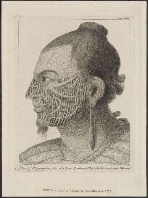 Head of Otegoongoon, son of a New Zealand chief, the face curiously tataou'd [i.e. tattooed] [picture] / S. Parkinson del.; T. Chambers sculp