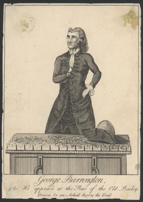George Barrington as he appear'd at the bar of the Old Bailey [picture] / drawn by an artist during the trial