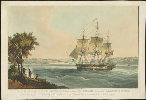 The East India ship Mellish entering the harbour of Sydney [picture] / painted by W.J. Huggins ; engraved by E. Duncan