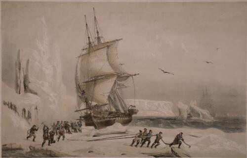 Les corvettes l'Astrolabe et la Zelee, commandees par Dumont-Durville et Jacquinot, la corvette l'Astrolabe est arretee par une glace a la sortie de la banquise, parages antarctiques, 9 Fevrier 1838 [picture] / dessine par A. Mayer; lith. par A. Mayer et Sabatier