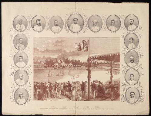 International cricket match, Albert Ground, Sydney, December, 1876, with portraits of the New South Wales fifteen [picture]