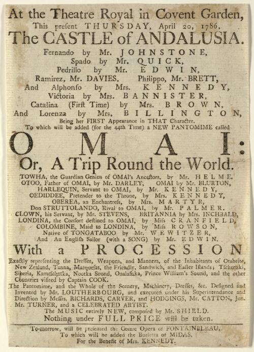 [Theatre Royal, Covent Garden, playbill for performances of the Castle of Andalusia, and Omai, or, A Trip round the world, on Thursday, April 20, 1786] [picture]