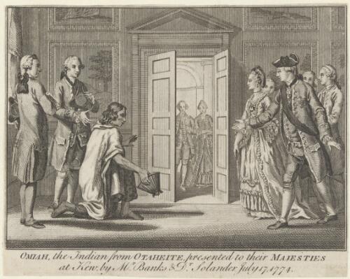 Omiah the Indian from Otaheite presented to their Majesties at Kew by Mr Banks & Dr Solander, July 17, 1774 [picture]