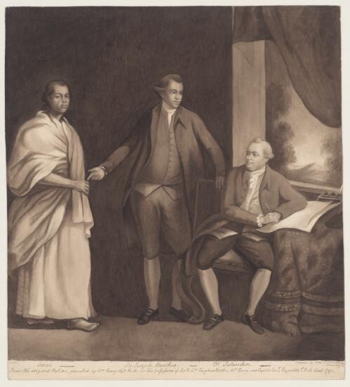 [Copy of the painting Sir Joseph Banks with Omai and Dr. Daniel Solander] [picture] / copied by T.M.V. from F. Peake's drawing from the original picture painted by Wm. Parry, Esq., R.A