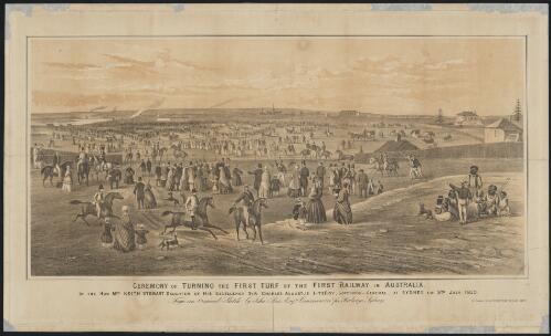 Ceremony of turning the first turf of the first railway in Australia, by the Hon. Mrs. Keith Stewart ... [picture] / from an original sketch by John Rae Esqre