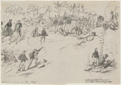 At the diggings [picture] / designed and drawn by Wm. Strutt