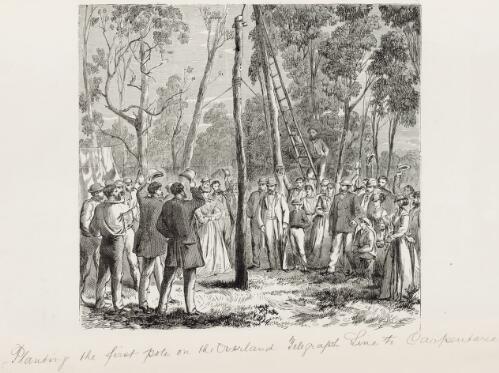 Planting the first pole on the Overland Telegraph line to Carpentaria [picture] / S.C