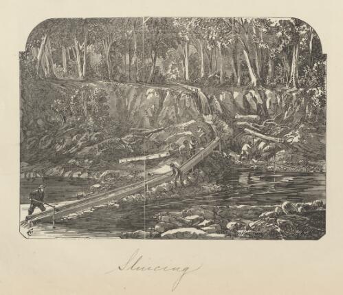 Chinese gold miners sluicing, near Beechworth, Victoria, 1867, 2 [picture] / [drawn by Nicholas Chevalier ; Frederick Grosse]