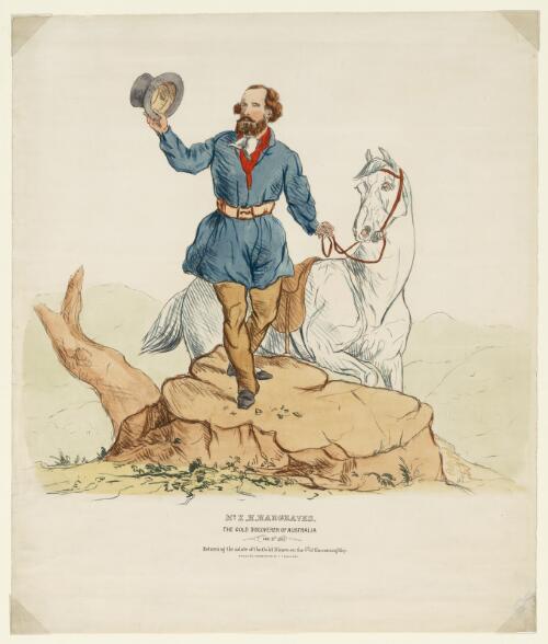 Mr. E.H. Hargraves, the gold discoverer of Australia, Feby. 12th 1851, returning the salute of the gold miners on the 5th of the ensuing May (picture] / drawn & lithographed by T.T. Balcombe