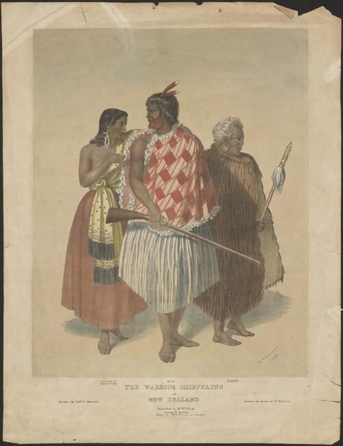 The warrior chieftains of New Zealand [picture] / drawn by Josh. J. Merrett; drawn on stone by W. Nicholas; lithog. by W.M. Brownrigg